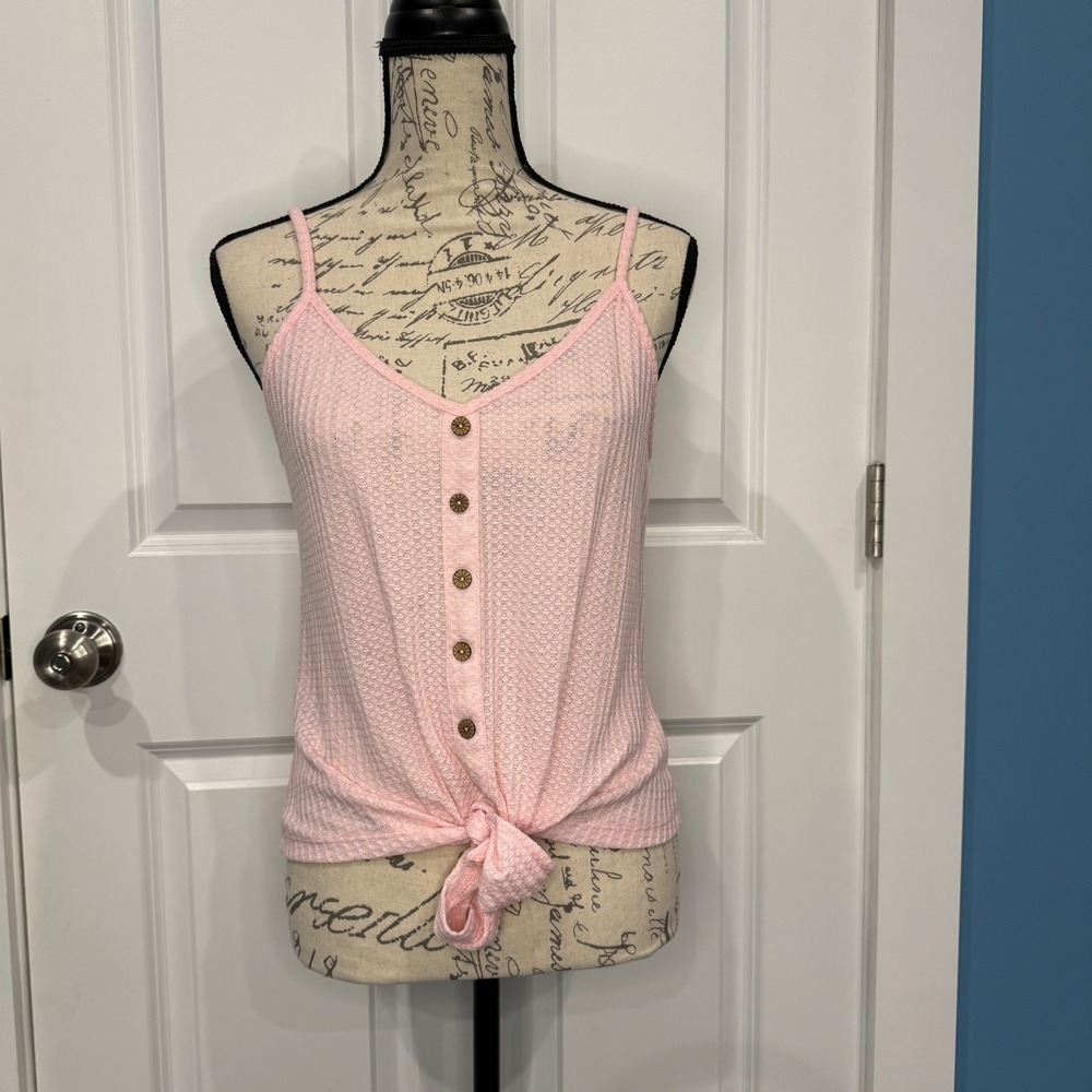 SHEIN Pink Waffle Knit Tie Front Button Cami Tank Top Sleeveless Size XS